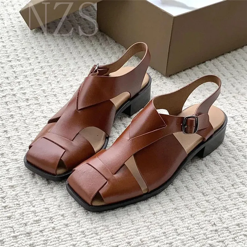 

Summer New Square Toe Weave Casual Sandals Woman Fashion Concise Genuine Leather Low Heel Square Heel Beach Shoes For Women 2024