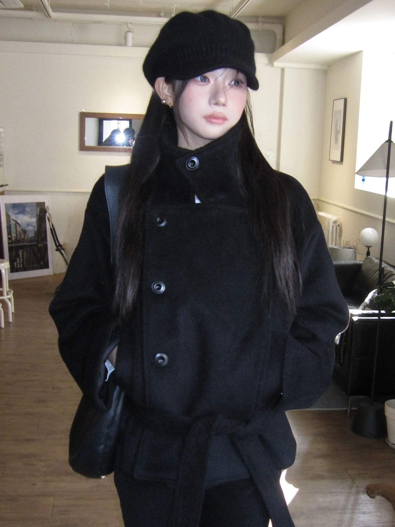 

Retro Korean Sle Woolen Coat Women's Faionable Bla Cotton Lined Lapel Belted ature Winter Outerwear Coat