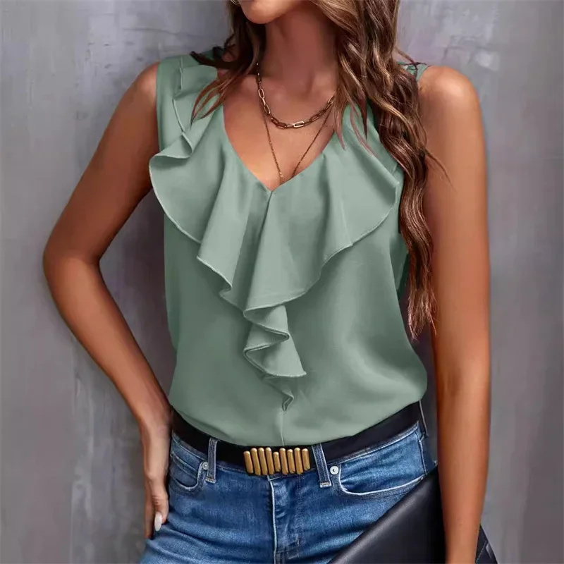 Sweet Style Solid Color Sleeveless Pullover Shirt Women Fashion V Neck Ruffles Decoration Blouse Female Summer Daily Casual Tops