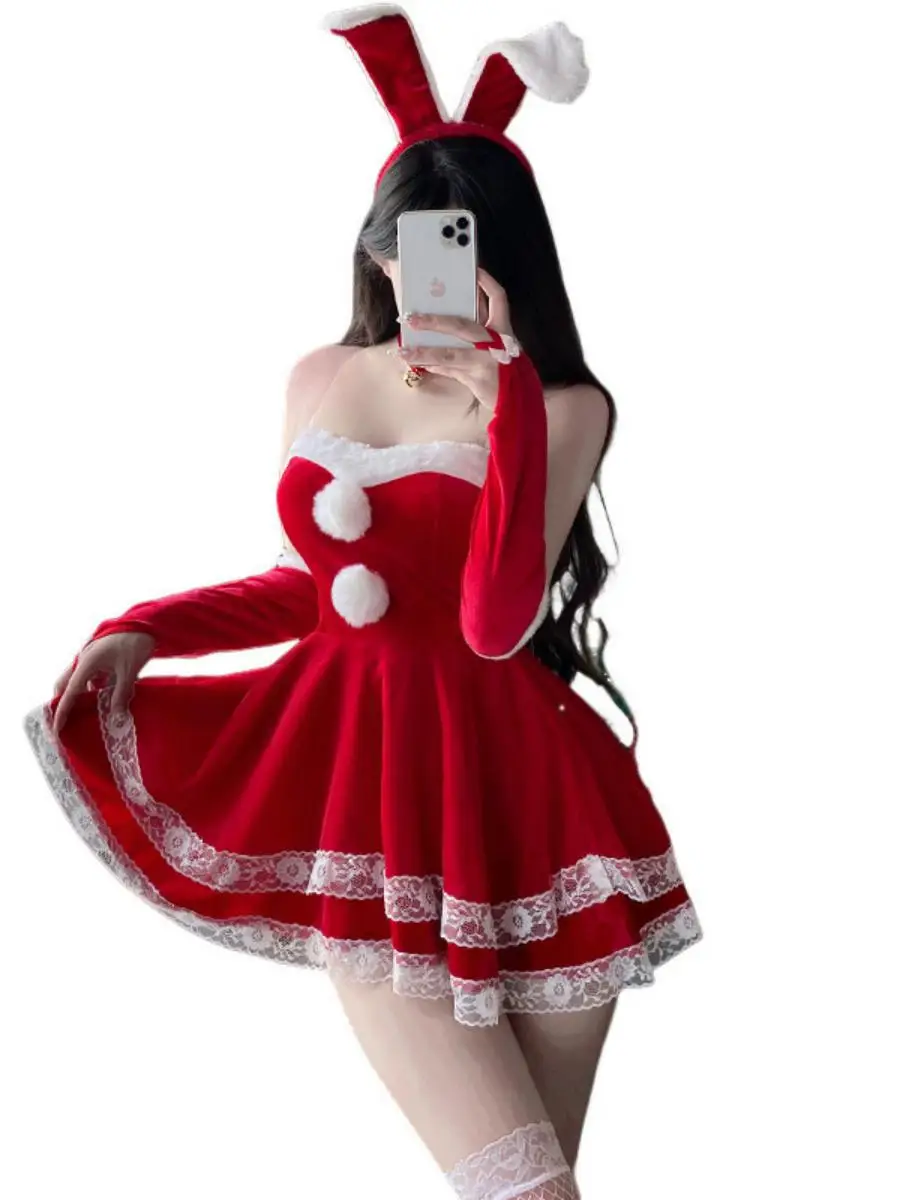 فستان تنكري نسائي من القطيفة على شكل أرنب لعيد الميلاد والهالوين، زي مسرحي، ملابس نسائية عرقية، تونيك شتوي 2024 من البوليستر