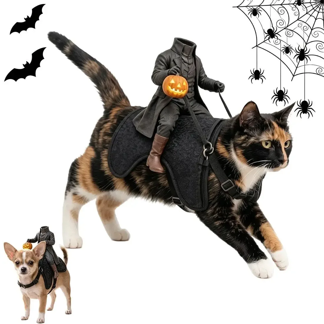 Kostüm für Katzen im Stil des Kopflosen Reiters – lustige 3D-Katzen-Halloween-Kostüme, verstellbarer Sattel mit Riemen, passend für kleine Hunde, ideal für Halloween-Partys. – Detail 5