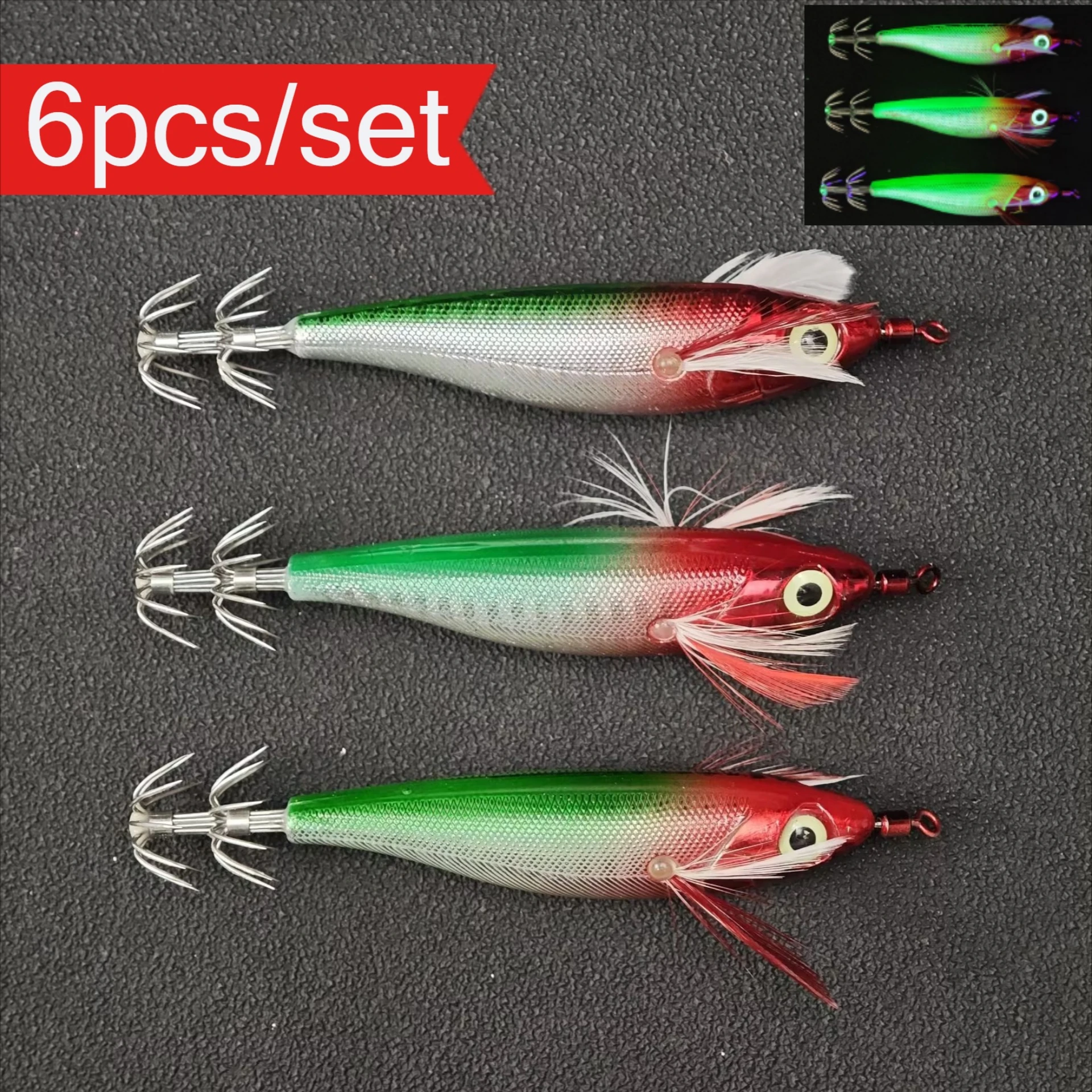 6 Stück/Set 10cm/9g Leuchtende Garnelen-Tintenfisch-Jig-Haken Garnelen-Kalamar-Köder Angelköder