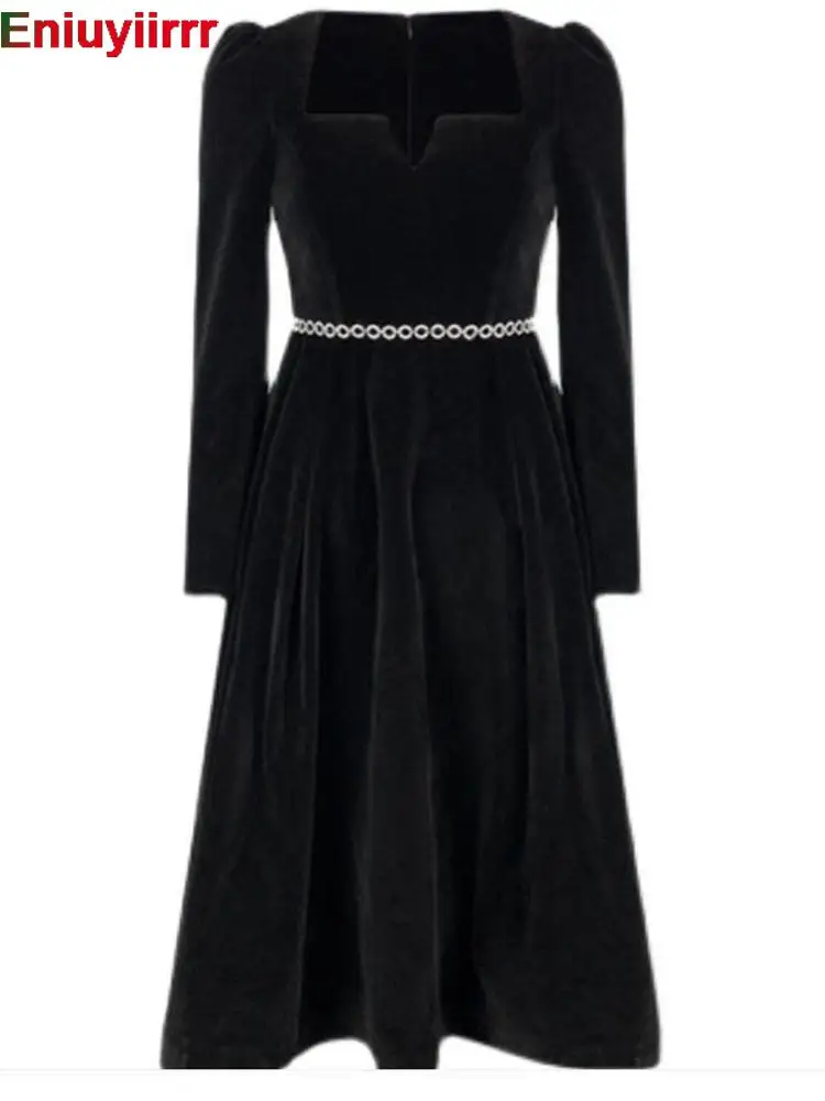 Women 2022 New Year Winter Spring Basic Wear Feminine Vestidos Sexy Square Neck French Black Long Elegant Party Velvet Dress