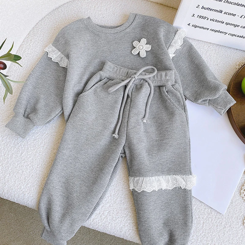 Autumn Kid Girl Clothes Lace Long Sleeve Sweartshirt+Pant 2Pcs Suit Flower Hoodies Korean Style Children Clothes Baby Girl A1195