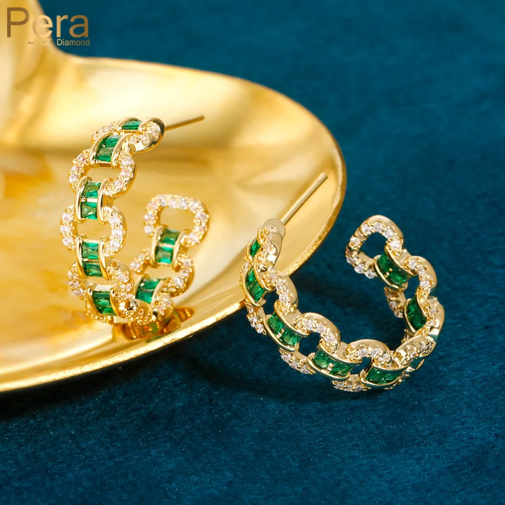 Pera Superb Gold Plated Green White Cubic Zirconia Hollow Round Link Hoop Earrings Evening Party for Women Dress Jewelry E984