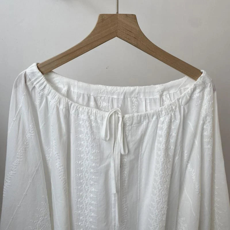 Korean O-Neck Lace Up Women Shirts Elegant Lady Embroidered Lantern Sleeve Blusas 2025 Summer Casual Loose Holiday White Blouses