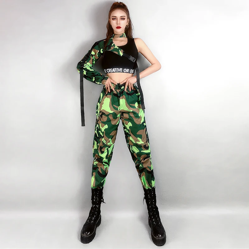 Green Camouflage Top Pants Women Group Hip Hop Dance Clothing Jazz Dance Costumes Nightclub Dj Gogo Wear Rave Ourtfit XS5487