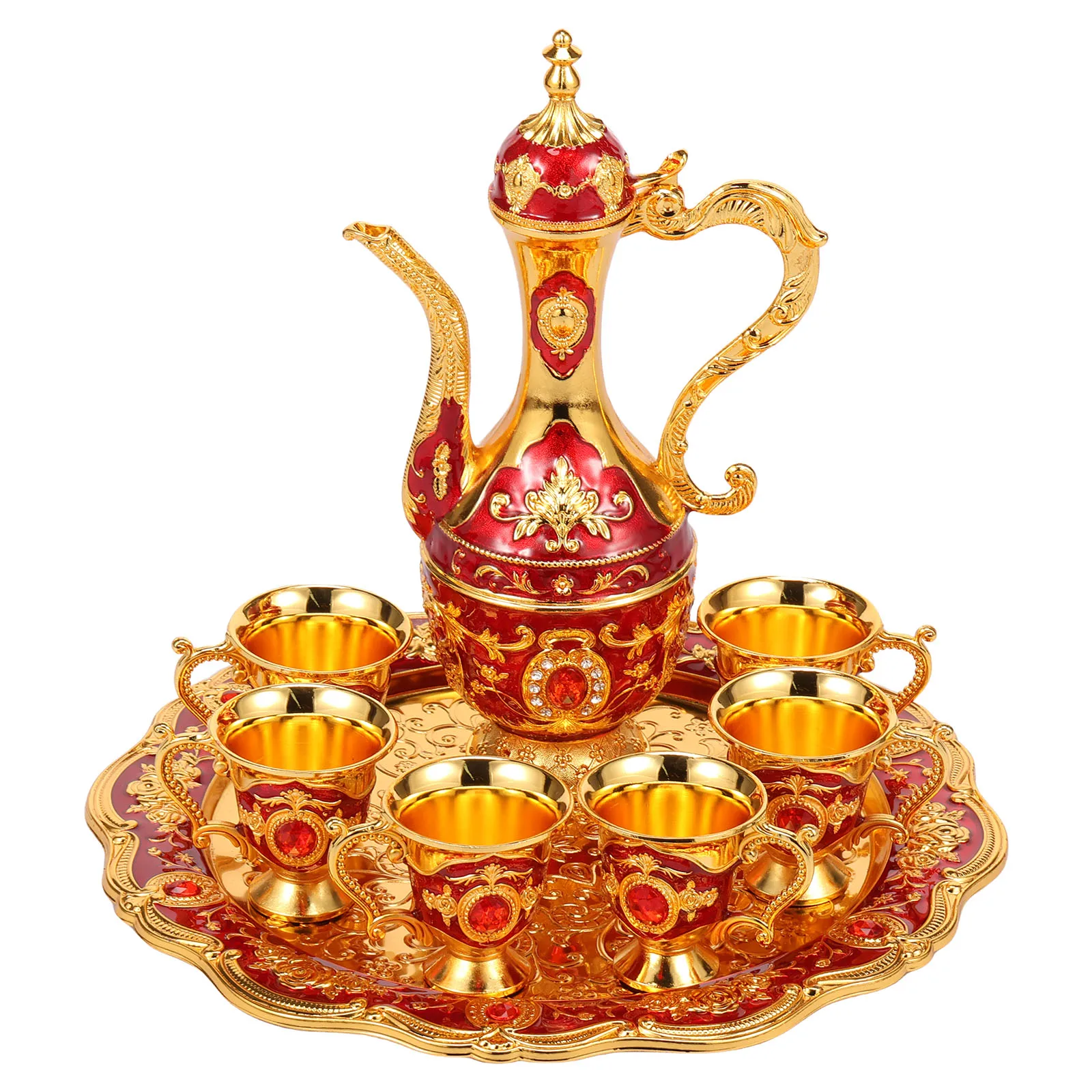 

Turkish Tea Set Vintage Turkish Coffee Set with Pot Tray 6 Cup Multifunctional Decorative Teapot Kit for Home Living Room Bar
