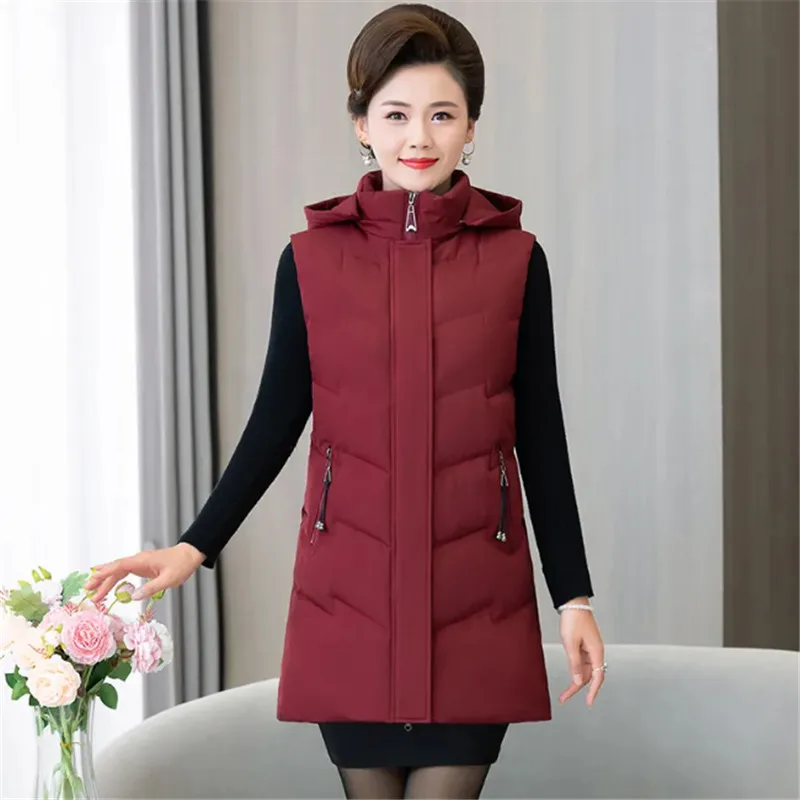 Autumn Winter Mid-Long Down Vest Coat Women 2023 New Loose Hooded Waistcoat Pure Colour Vests Fashion Pocket Vestidos Female