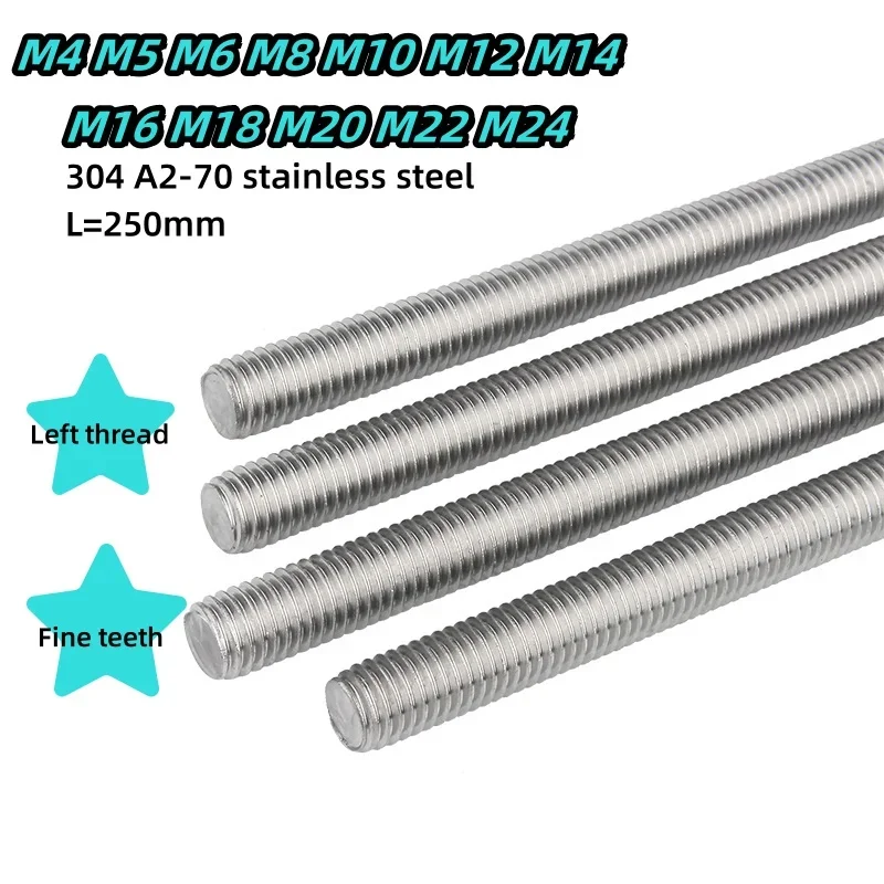 M4~M24 Threaded Rod 304 A2-70 Stainless Steel Left Threaded Threaded Rod Fine Tooth Full Thread Double Head Screw L=250mm