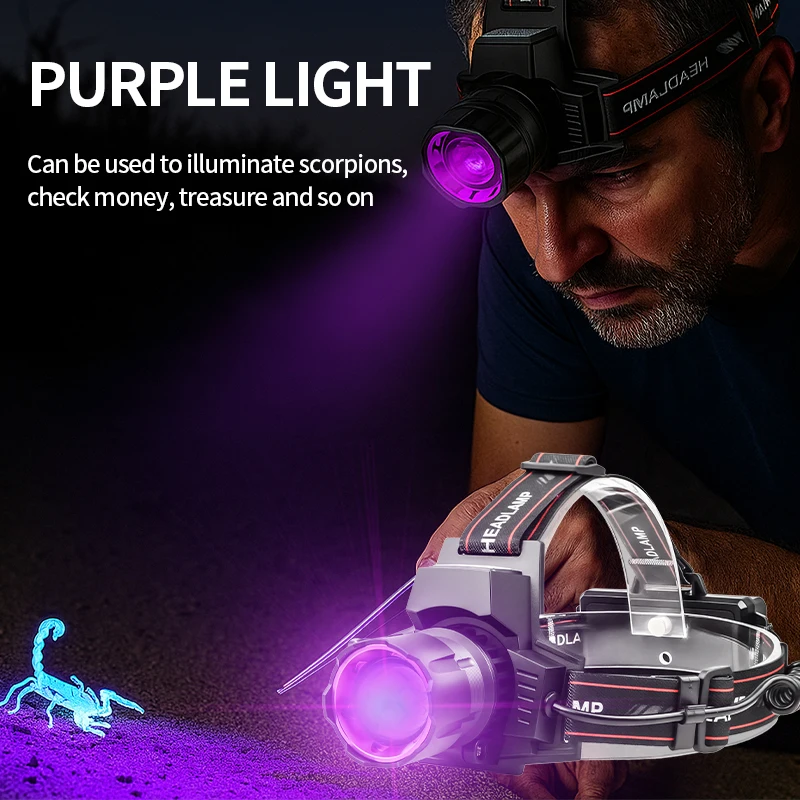 2 in 1 White UV Headlamp 395NM UV Zoomable LED Headlight USB Recharge Torch Outdoor Emergency Ultraviolet Camping Lamp