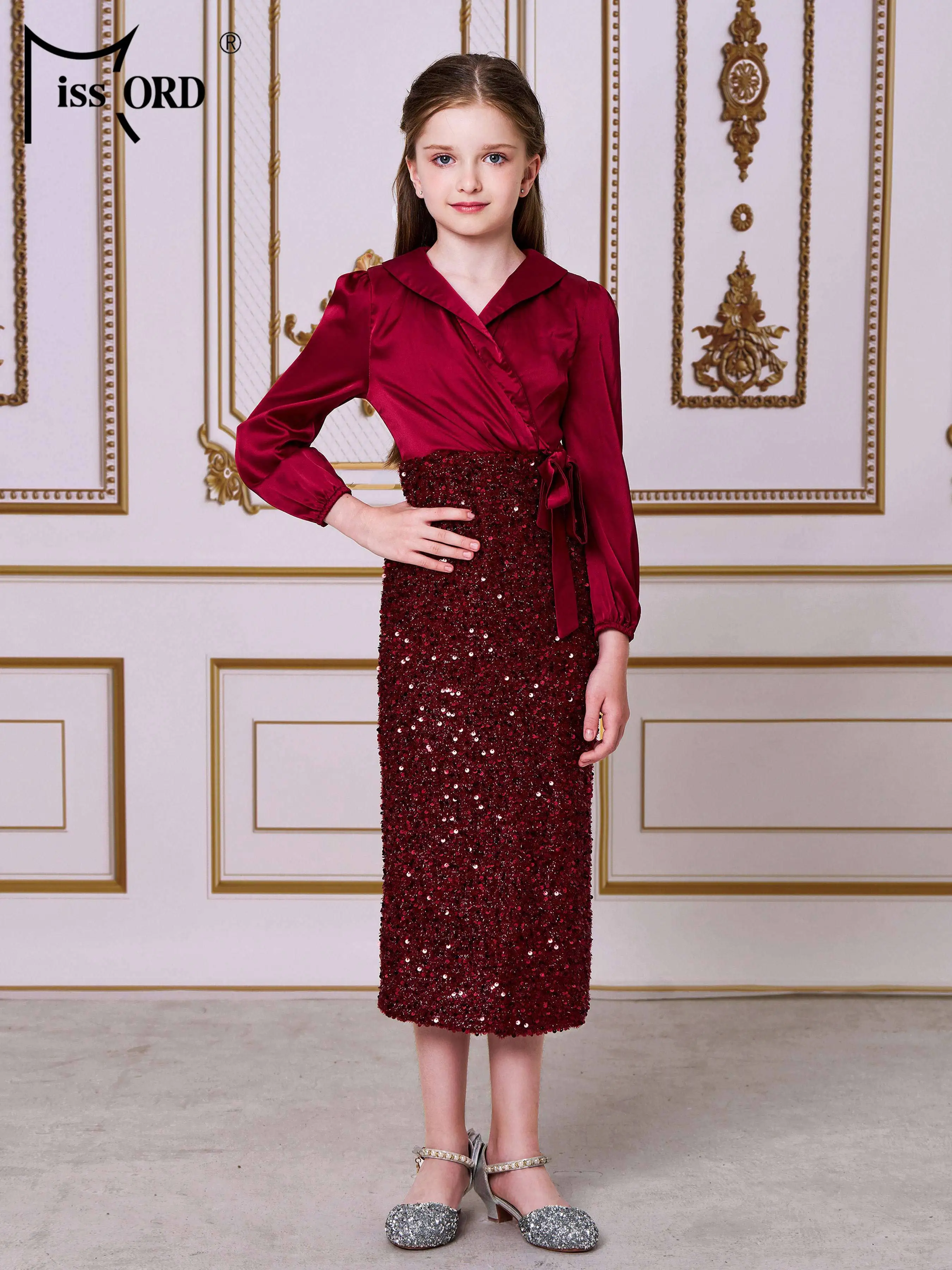 

Missord Children's Performance Evening Dress Long Sleeved Panel Sequin Prom Wedding Birthday Party Dress