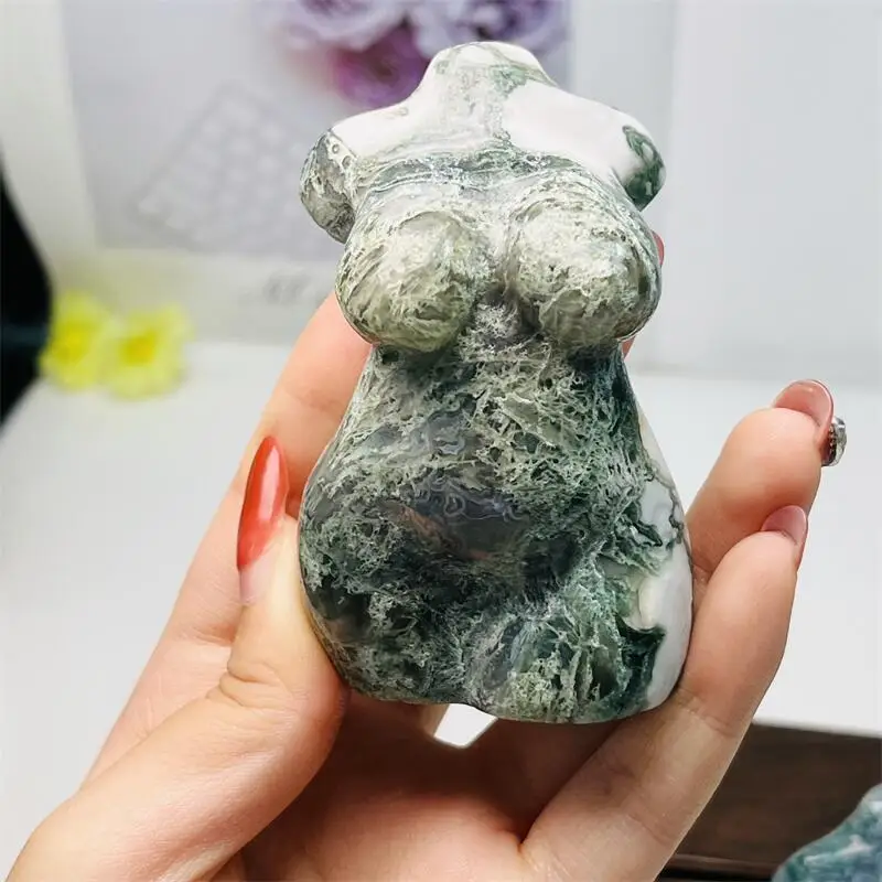 

Natural Moss Agate Lady Body Carving Healing Fengshui Crystal Gemstone Home Office Decoration Gift 1PCS