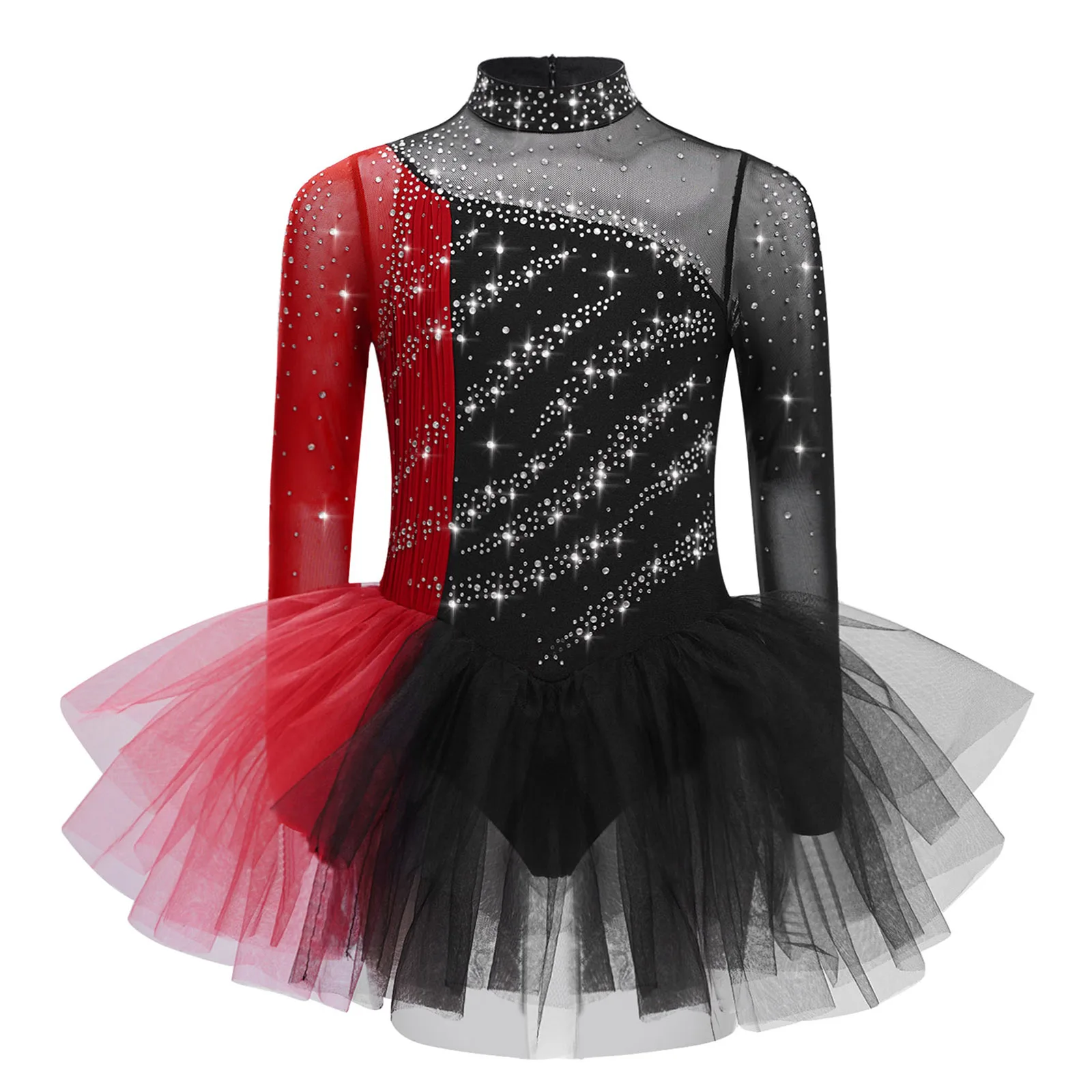 

Girls Figure Skating Dance Dresses Performance Costume Long Sleeves Rhinestones Color Block Dress for Lyrical Modern Competition