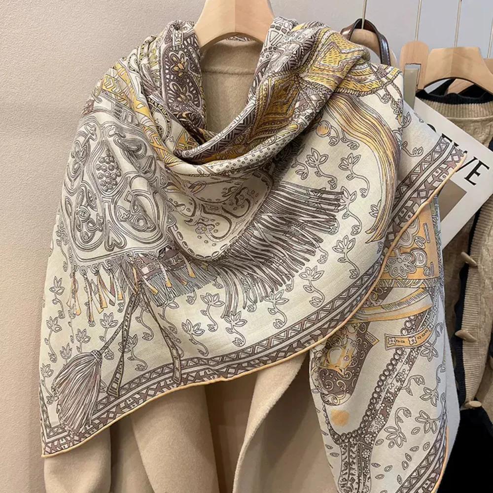 Handmade 135cm Plus Luxury Brand Women Scarf Large Shawl Wraps Warm Silk Wool Neckerchief Square Foulard Female Hijab Bandana