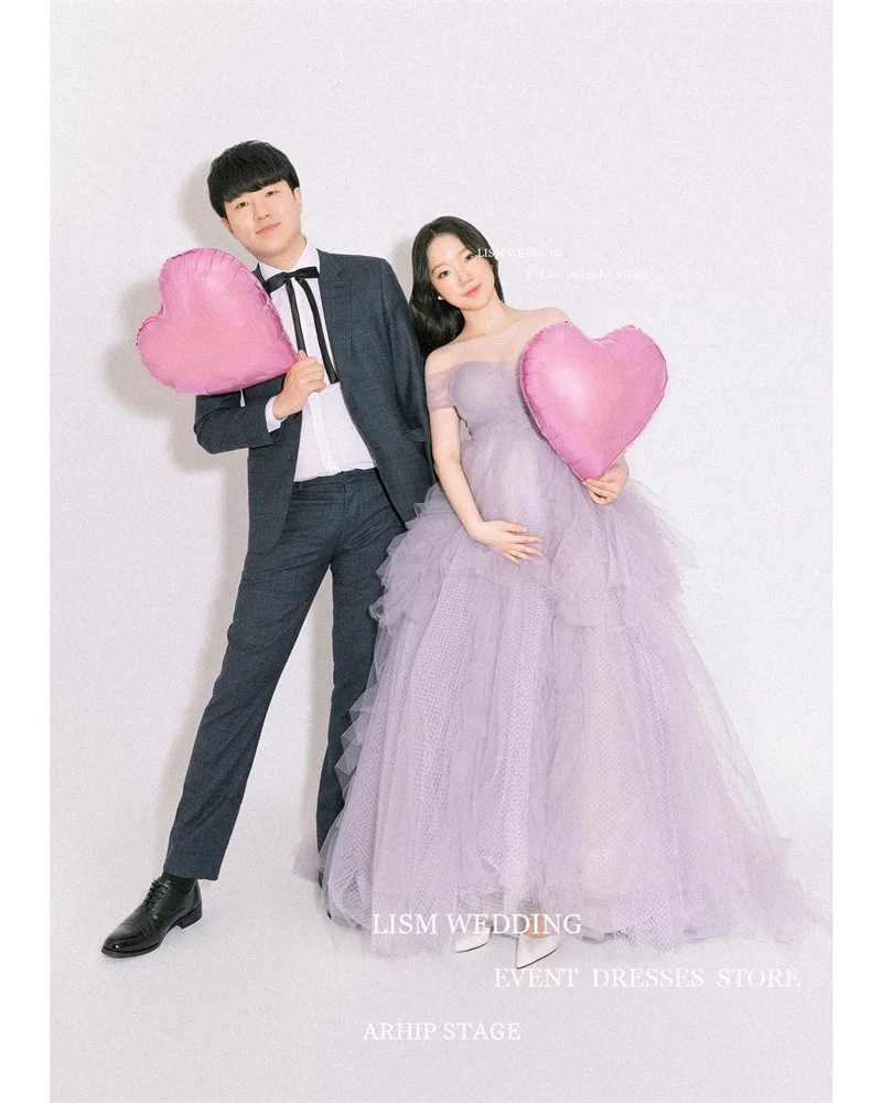 LISM Purple Fairy Tulle Korea Wedding Sweetheart Off The Shoulder A-Line Backless String Bridal Gowns Pregnant Women Photo Shoot