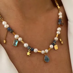 Blue natural waterdrop stone pearl beads necklace stainless steel handmade necklace ethnic jewelry elegant summer holiday jewel