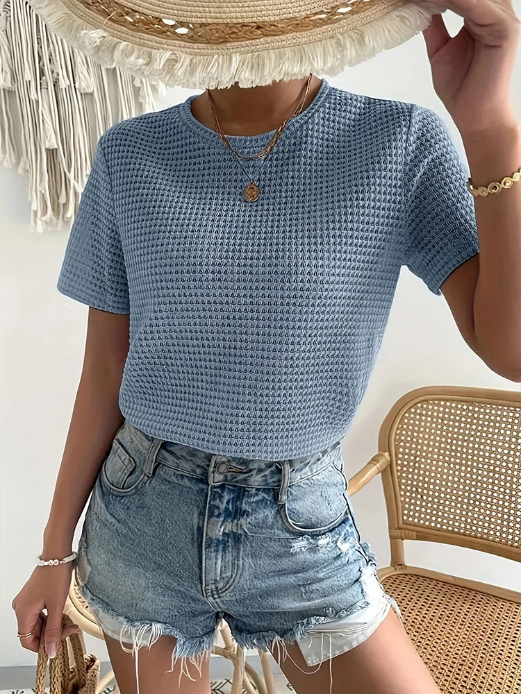 Women\'s Summer New Casual Soild Blue Color Loose Texture Jacquard American All-in-one Knitted Round Neck Solid Color T-shirt