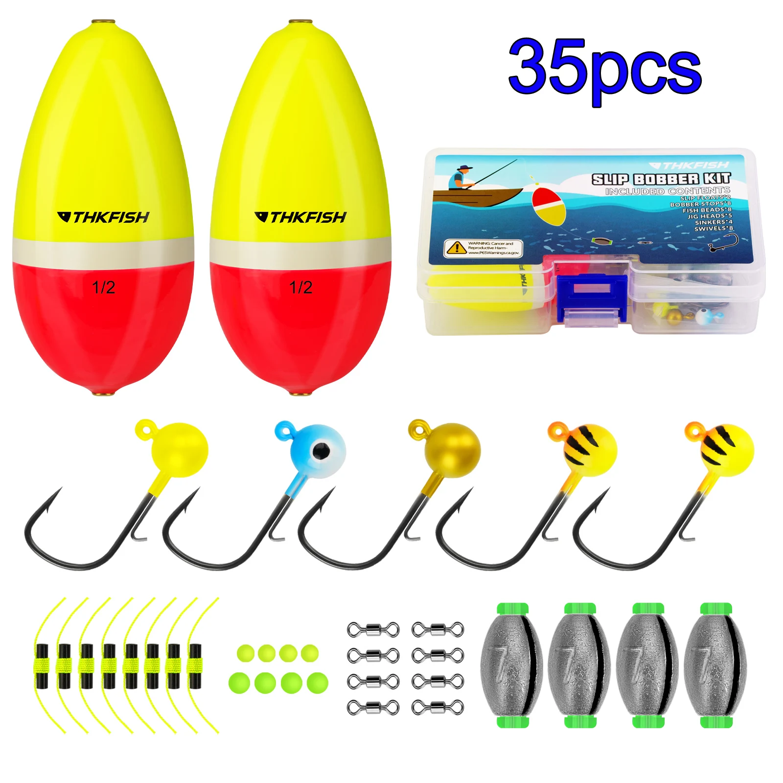 

THKFISH 35pcs Fishing Slip Bobber Float Rig Kit 1.75g 3.5g Jig Head Hooks Bobber Stops Lead Sinkers Swivels Set For Crappie