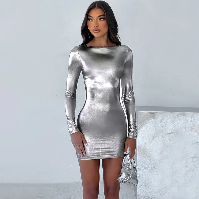 Reflective Holographic Dress Summer Women Turtleneck Long Sleeve Mini Bodycon Dress Sexy Metallic Club Dress Rave Outfits