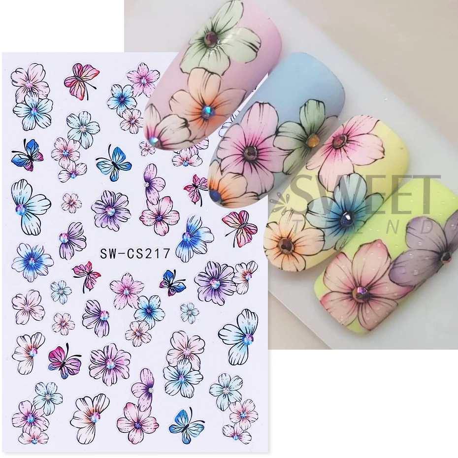 3D Colorful Flowers Nail Art Stickers Butterfly Lily Daisy Tulip Petals Adhesive Sliders Decals DIY Spring Summer Manicure Decor