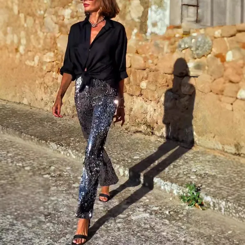 セクシーな女性スパンコールフレアパンツ Y2K エレガントなハイウエストスパークルグリッタースキニースリムパンツナイトクラブウェアストリート