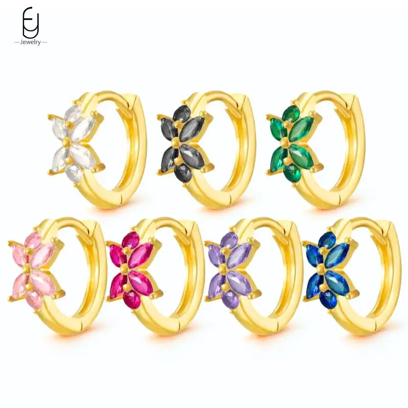 

925 Sterling Silver Needle Colorful Zircon Flower Hoop Earrings For Women Ins Exquisite Butterfly Gold Earring Fine Jewelry