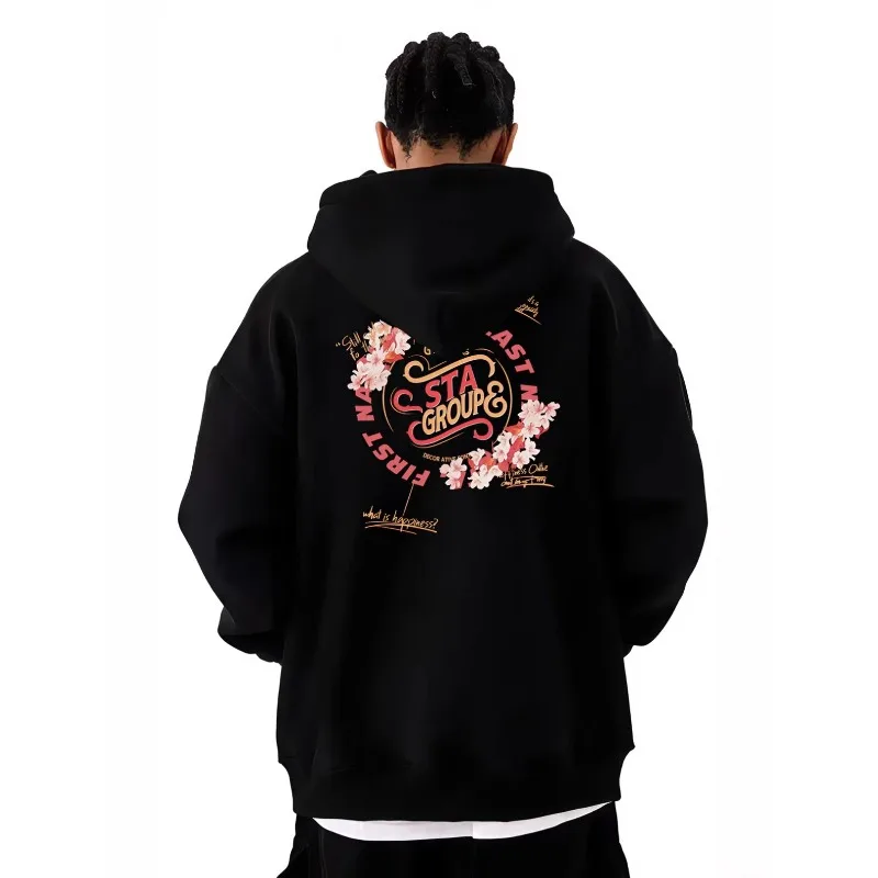

2025 New Floral Pattern Printed Cotton Fitness Hoodie Loose Thermal Hoodie Exercise Sweatshirt Velvet Men's Fitness Jumper