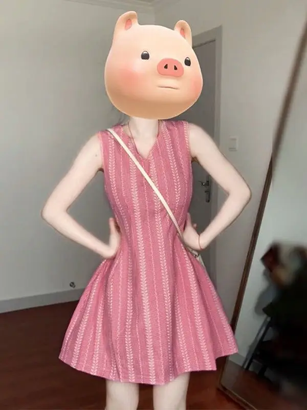 

Summer Sleeveless Vest Dress Women's Waist-Cinching Short Skirt Tea Break Pear Shape Body Slimming V-neck A-line Dress
