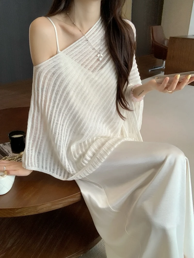Women's Fashion Set Irregular Slant Shoulder Knit Smock Women Summer Satin White Slim Sexy Halter Dress Two-piece Set