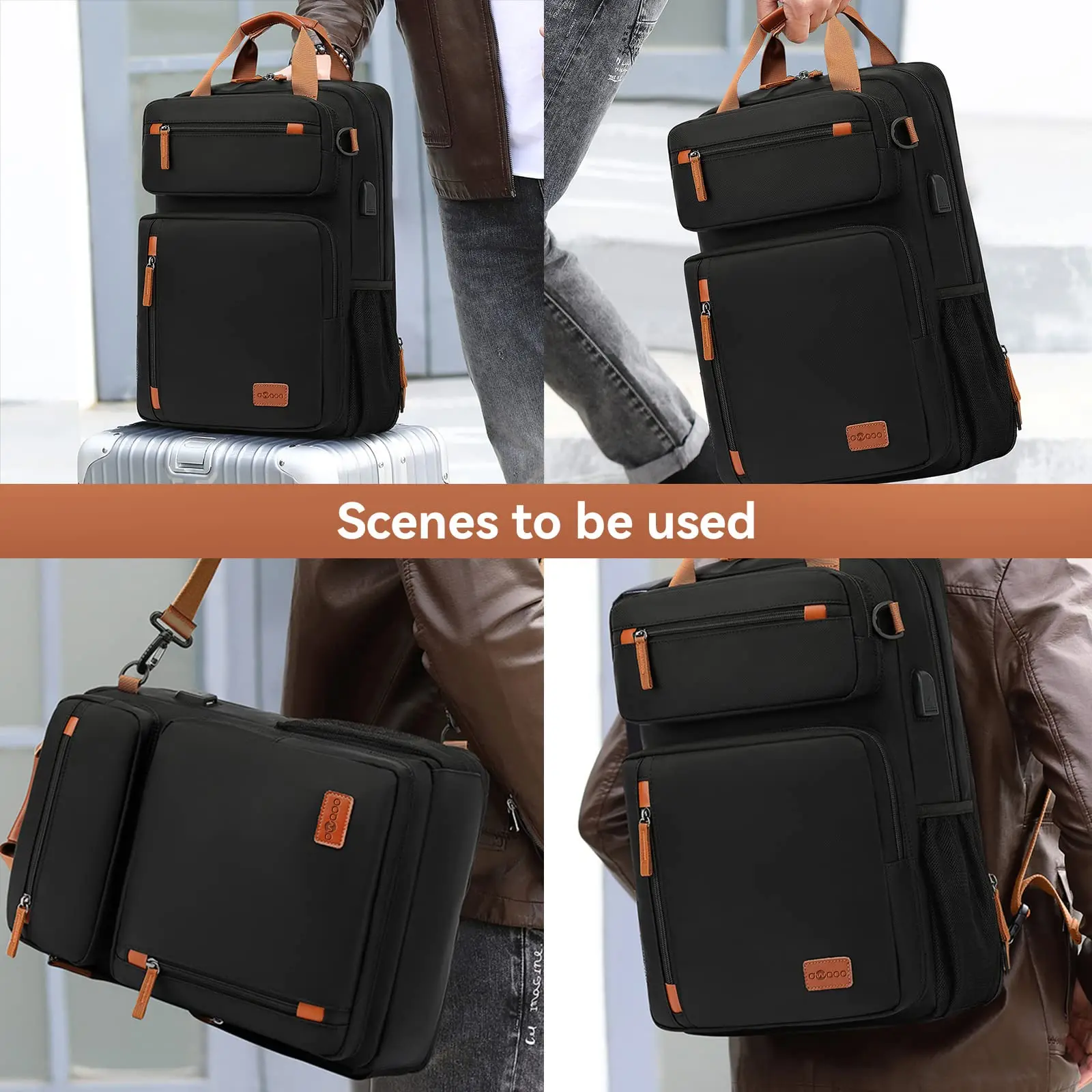 Expansível Viagem Laptop Mochila, Sacos de Computador para Homens e Mulheres, Maleta Conversível, Material de Nylon, 15.6 \