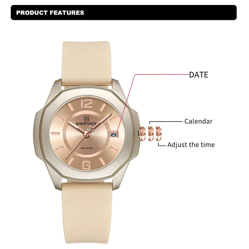 New Style Female Wristwatch NAVIFORCE Casual Sports Quartz Calendar Waterproof and Shockproof Watches for Women Clocks for Gifts