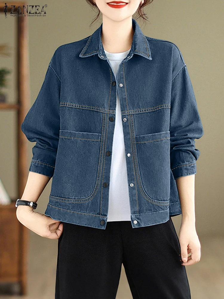 ZANZEA 2025 Vintage Denim Shirts Women Autumn Long Sleeve Blusas Casual Loose Buttons Pockets Tops Korean Lapel Neck Tunic