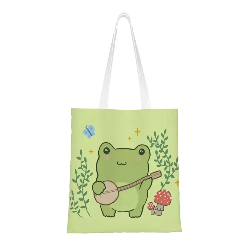 Cute Kawaii Frog Playing Groceries Shopping Tote Bag Toad Plant Fungi Blue Canvas Shoulder Shopper Bag Handbag