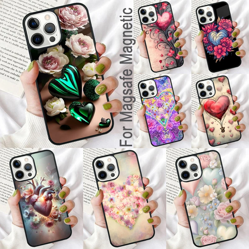 

Мягкий Магнитный чехол для телефона с милыми цветами и сердечками для iPhone 16 Promax 15 Pro 13 14 Plus 11 12 Mini MagSafe Coque