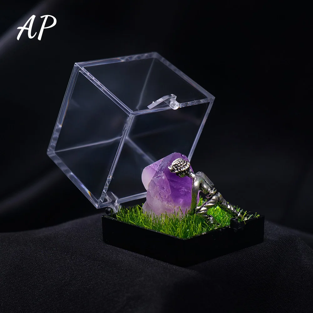 Natural Amethyst Tooth Flower Miner Model Ornament Healing Stone Malachite Crystal Raw Stone Mine Worker Statue Decoration Gifts