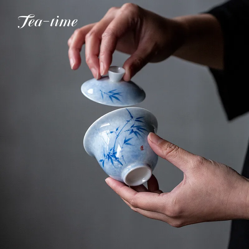 

110ml Ceramic Tea Tureen Chinese Pure Hand-painted Mist Blue Bamboo Ercai Covered Bowl Single Kung Fu Set Household Tea Maker