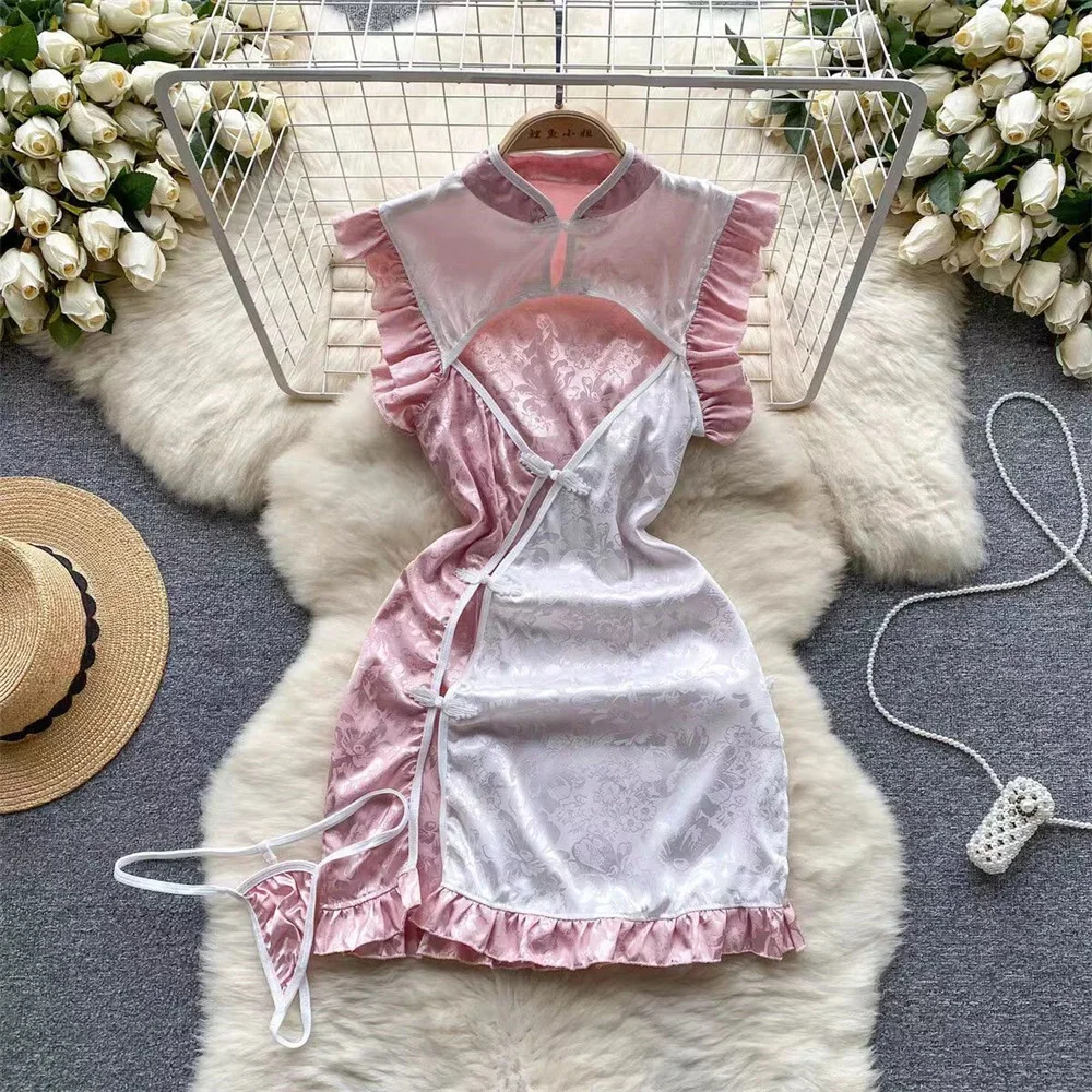 Sweet Sexy Lace Patchwork Strap Dress Bow Hollow Backless Sleeveless Nightgown Women Nightdress Pajamas Hot Slim Pleated Dress