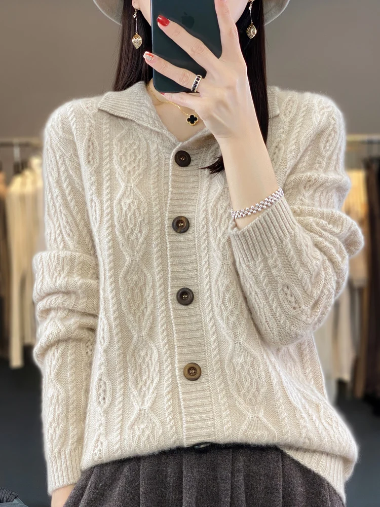 New Chic Women Cable Knit Sweater Thick Cardigan Autumn Winter 100% Merino Wool Long Sleeve Warm Cashmere Knitwear Korean Top