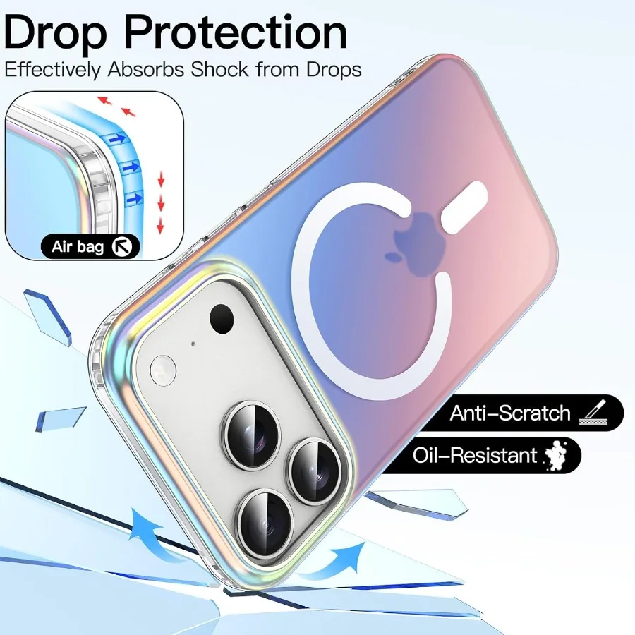 아이폰 17 프로 6.3인치용 무지개빛 케이스, MagSafe 호환, 화려한 형광 반투명 폰 커버 (무지개빛)