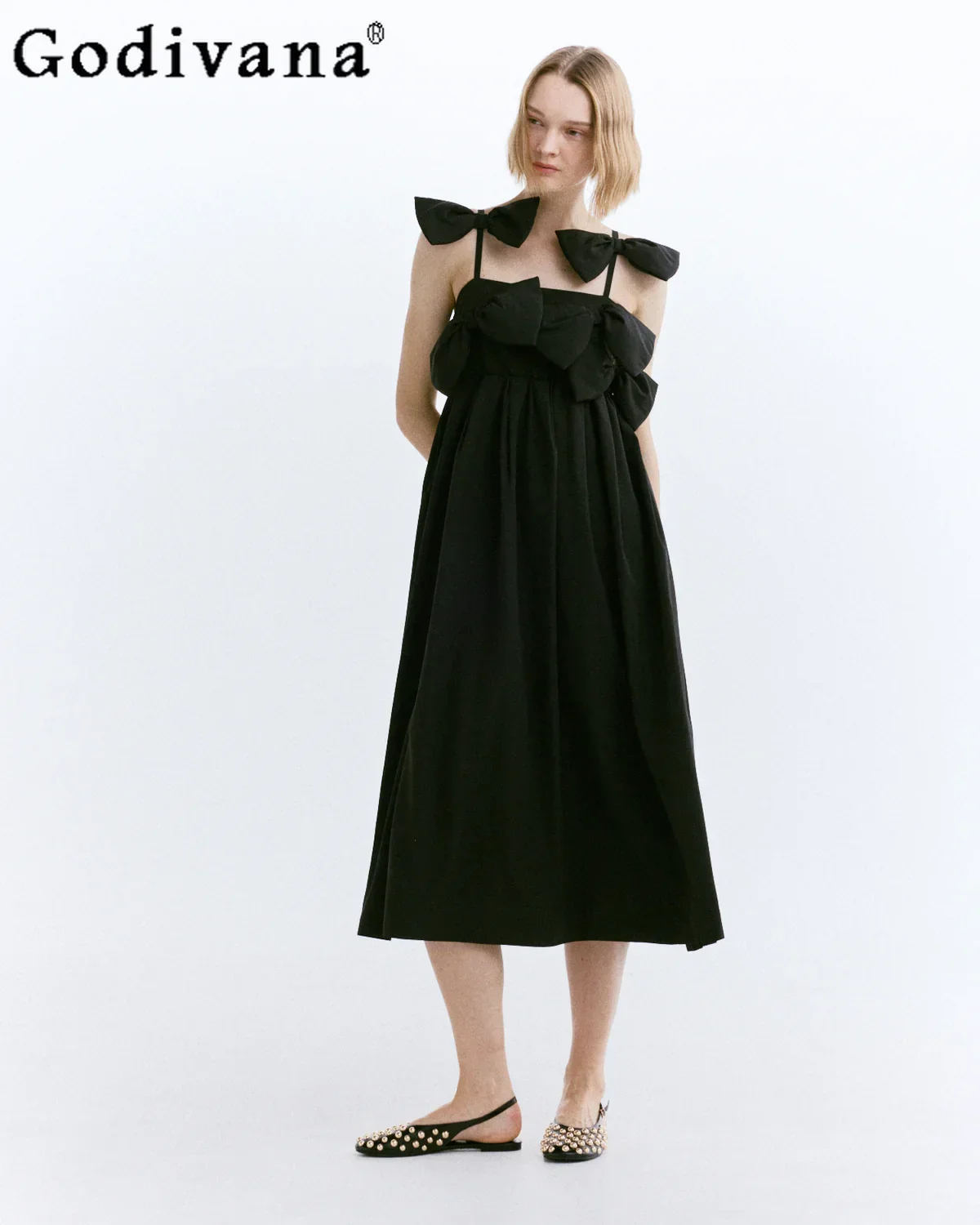 

Japanese Style Fashion Women's Long Black Dress Summer 2026 Ladies High Waist Sweet Elegant Sleeveless Dress 3D Bow Casual Dress