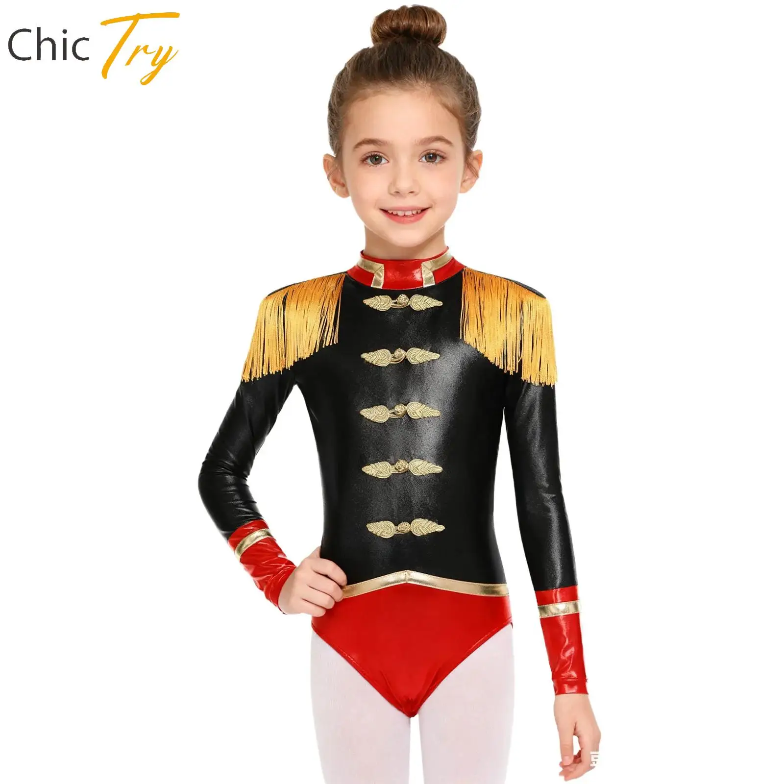 

Girl Halloween Circus Bodysuit Long Sleeve Tassel Epaulets Contrast Color Leotard Ringmaster Carnival Cosplay Masquerade Costume