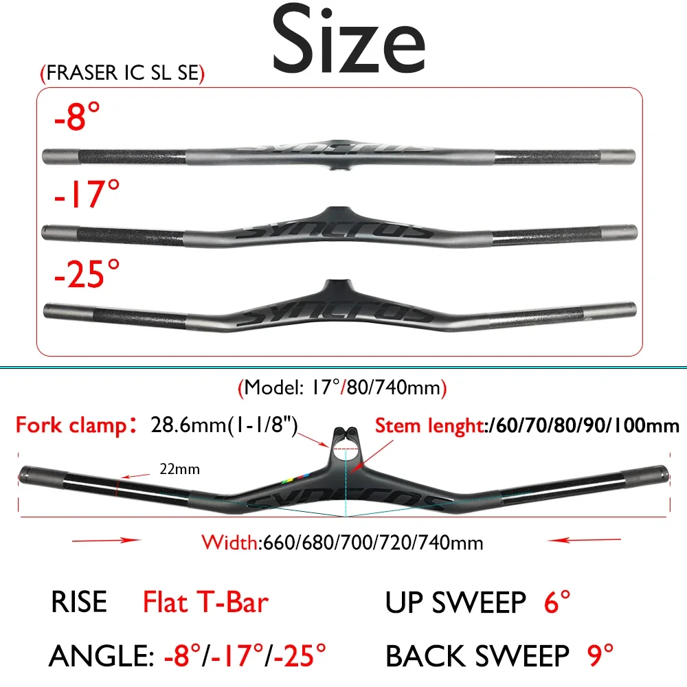 مجموعة جذع المقود MTB من ألياف الكربون من Syncros FRASER IC SL -8 ° /-17 ° /-25 ° ، خفيف الوزن مدمج لركوب الدراجات الجبلية XC Trail