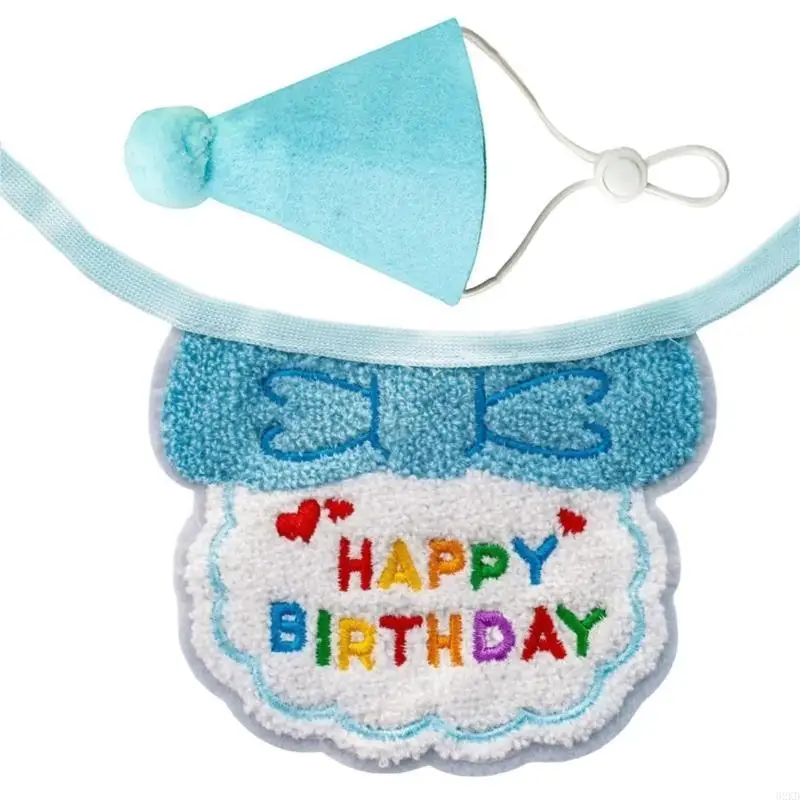 62KD 2Pieces Pet Birthday Accessories Lovely Cats Bib and Party Hat for Theme Event