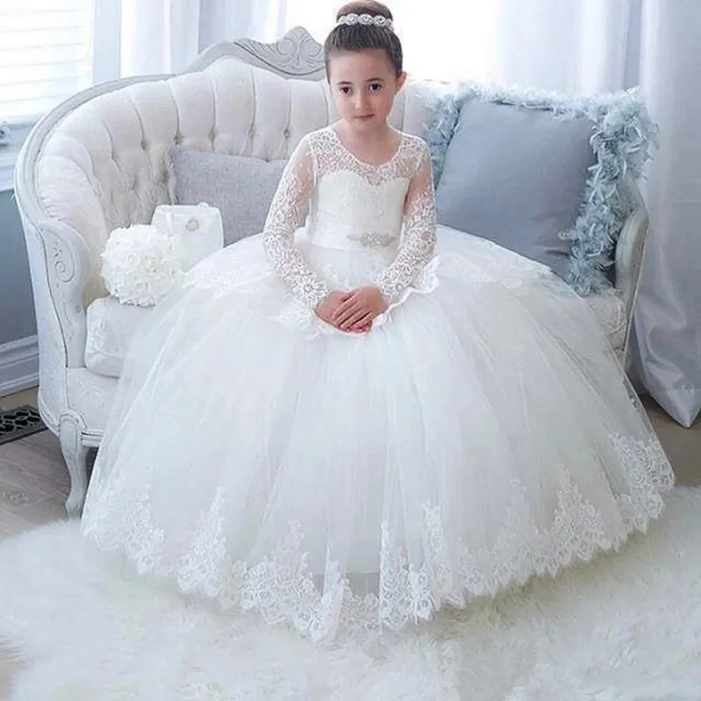 O-Neck Long Sleeves Flower Girl Dress For Wedding Princess White A-Line Tulle Long Pageant Dress 2024 Floor-Length Kids Vestidos