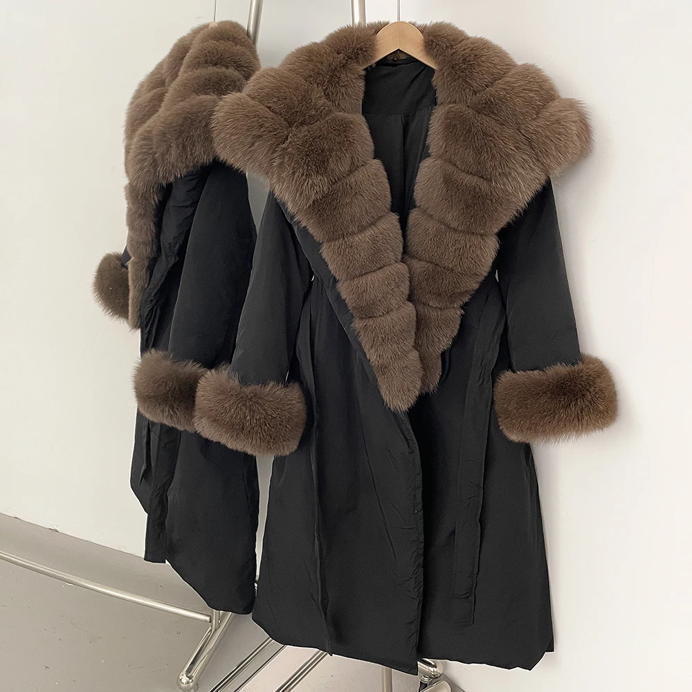 Long Real Fur Collar and Cuffs Puffer Jacket Female Thick Warm Fluffy Natural Fox Fur Clothes New Winter Duck Down Coat
