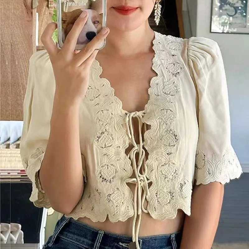 Sezanes 2025 Fashion T-shirt Short Sleeve French Summer New Delicate Embroidery Hollow Lace V-Neck Tie Cardigan Top Ladies Shirt