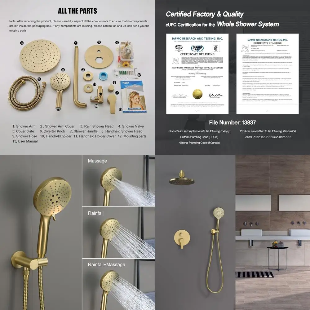 Wall-Mounted Shower System with High-Purity Luxury Showerhead and 3-Setting Handheld, Brushed Gold Finish Trim Kit