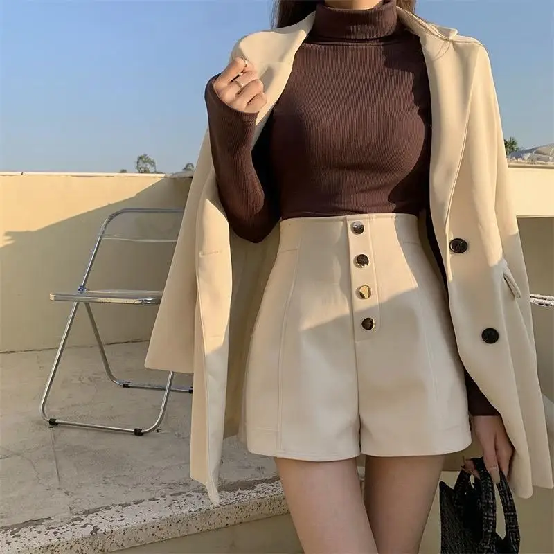 شورت أسود مجموعة جديدة لربيع وصيف واسعة الساق عالية الخصر تصميم متعدد الاستخدامات السراويل الساخنة غير الرسمية