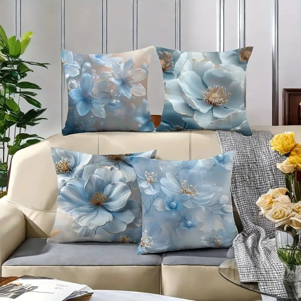 

Роскошная синяя наволочка с цветочным принтом — позолоченная подушка с 2D цветочным узором для элегантного домашнего декора